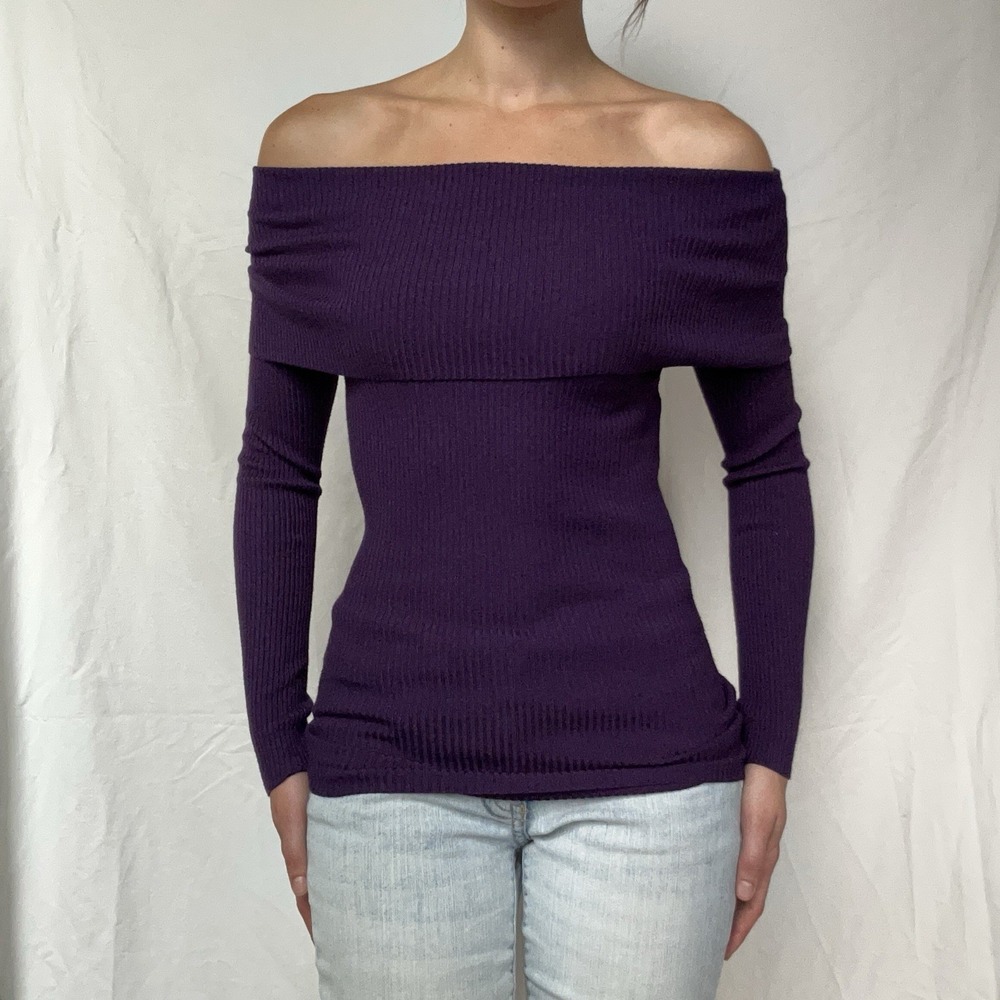 2000s Purple Off Shoulder Fitted Top Y2K Coquettte Preppy Chic